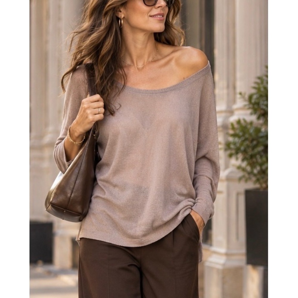 Feel The Piece 100% Cashmere Sweater One Size Taupe Dolman Off Shoulder